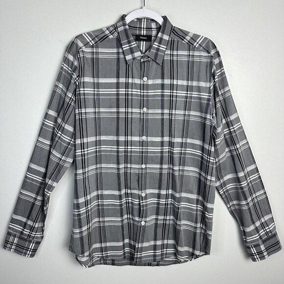 Theory Shirt Mens Large Black Gray Button Up Zack PS Long Sleeve Casual Cotton - Picture 2 of 8